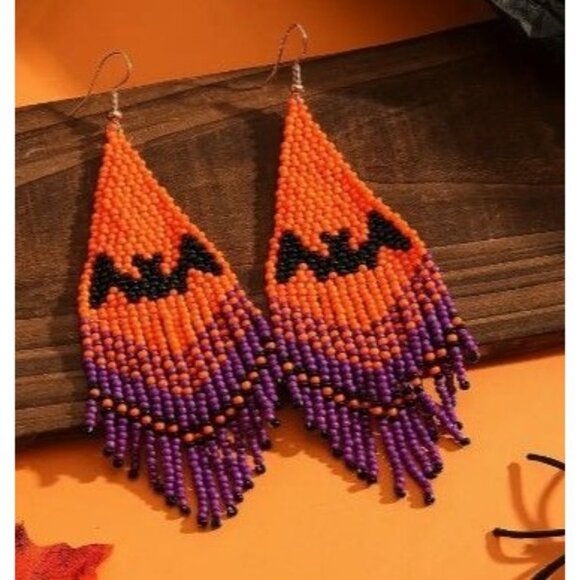 Halloween Handmade Bead Bat Pattern Dangle Earrings - Picture 5 of 5